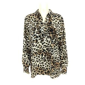 Dennis Basso Animal Print Woven‎ Blouse Lacing Detail Neutral Women's Size 16